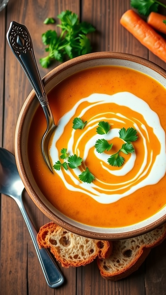 A bowl of bright orange carrot ginger soup with coconut milk swirl and cilantro garnish, served with bread.